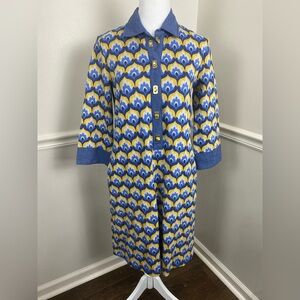 J McLaughlin XS Catalina Cloth Shirt Dress Blue Yellow Gold Button 3/4 Sleeve